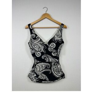 Boho Lands' End Women 10 Black Paisley Surplice V-Neck Ruched Tankini Swim‎ Top